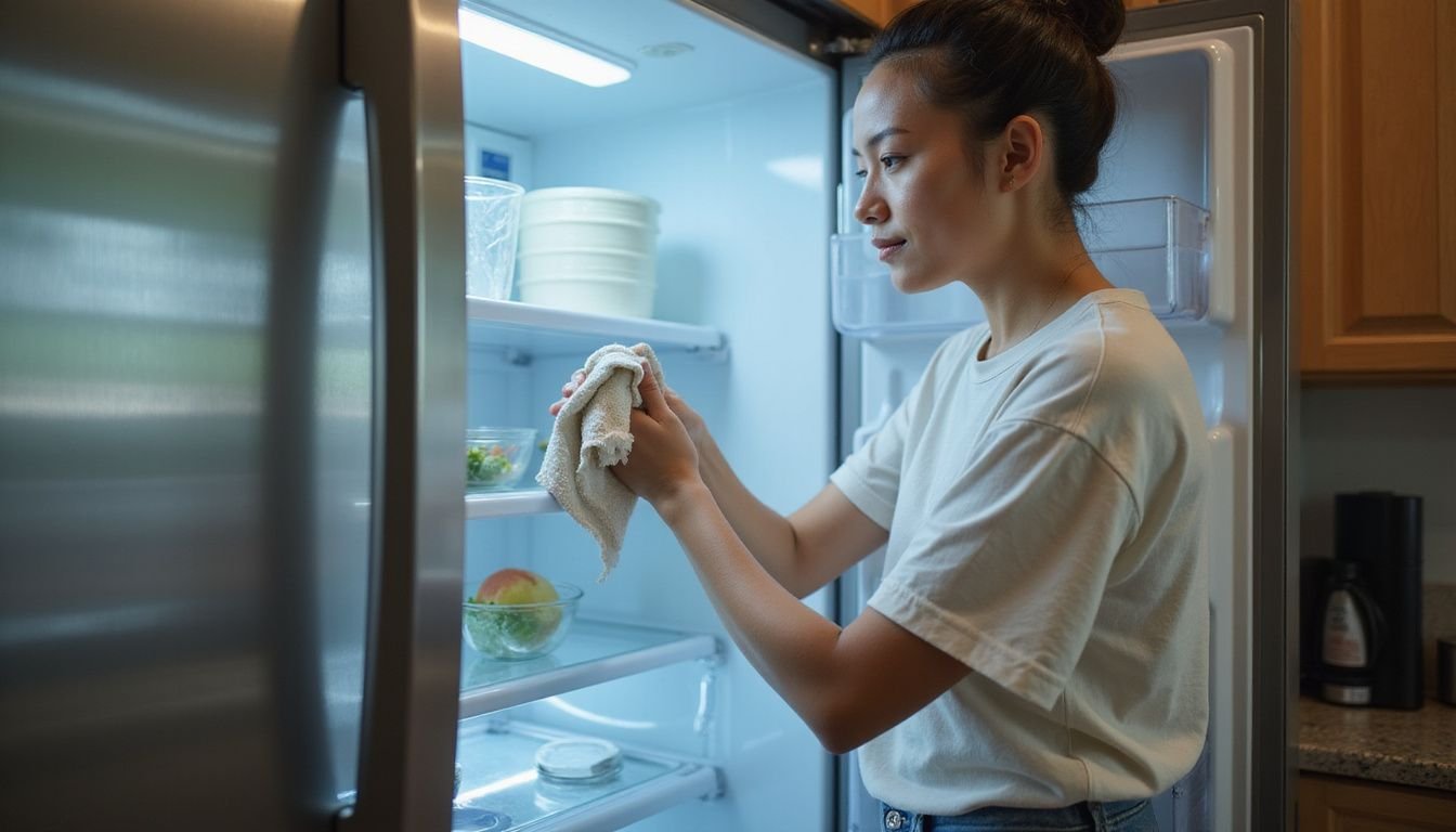 A person cleans the interior of a refrigerator with care. A person cleans the interior of a refrigerator with care.