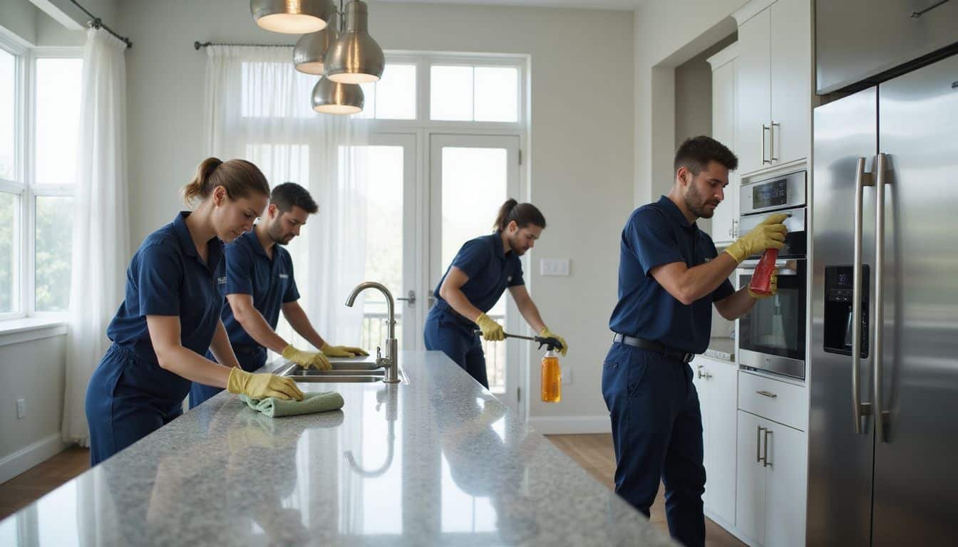 A team of professional cleaners meticulously tidies a modern kitchen.
