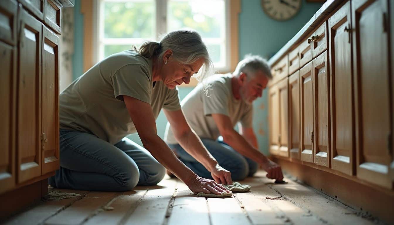An elderly couple diligently cleans a vacant, worn apartment together. An elderly couple diligently cleans a vacant, worn apartment together.