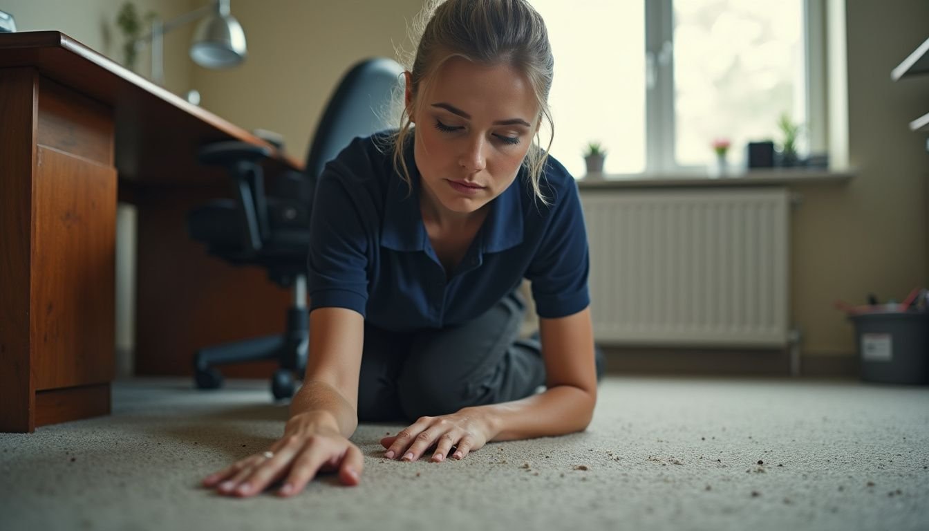 A woman meticulously cleans an office carpet, showcasing her professionalism.