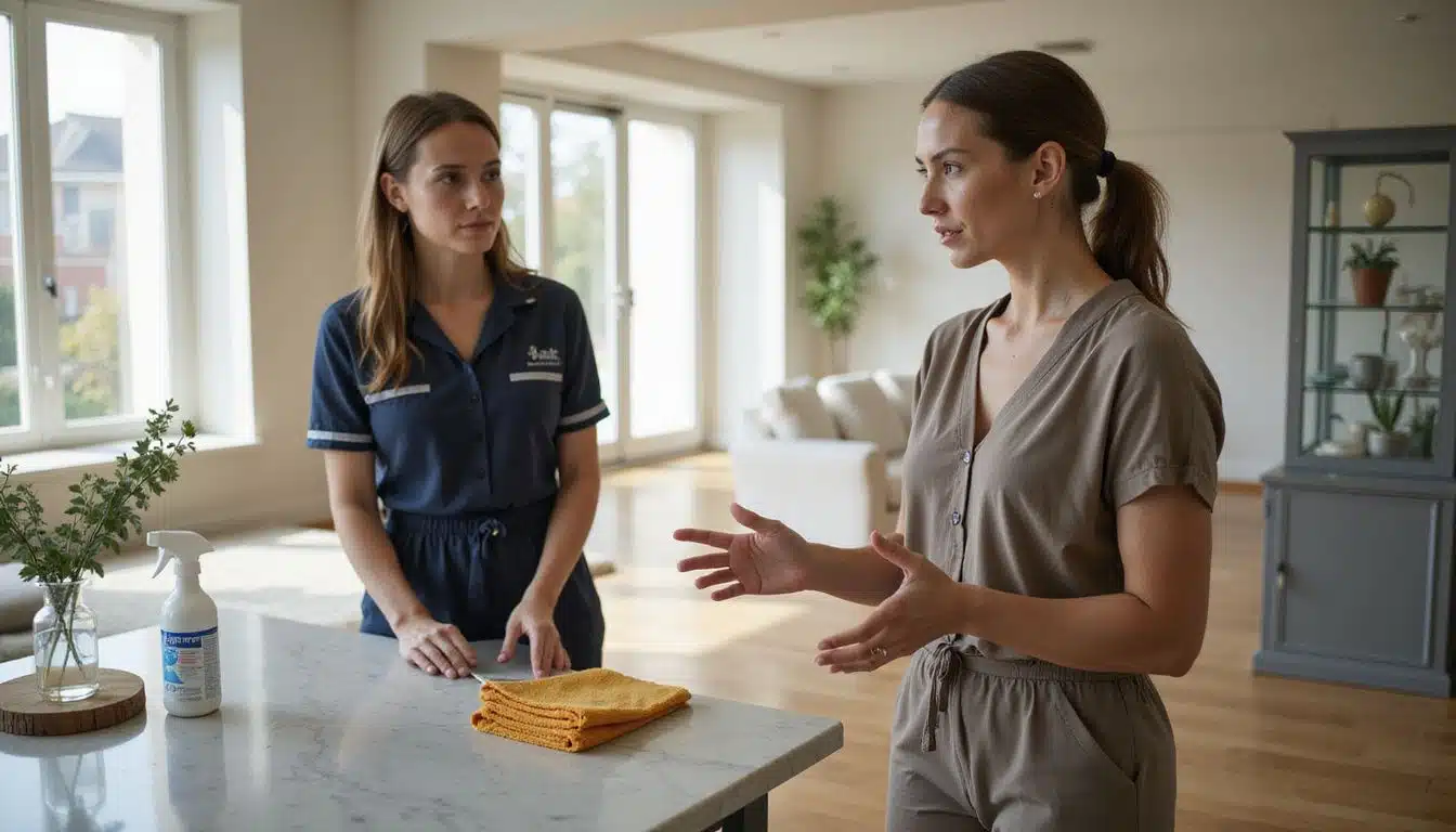 A woman discusses deep cleaning services with a professional cleaner. A woman discusses deep cleaning services with a professional cleaner.