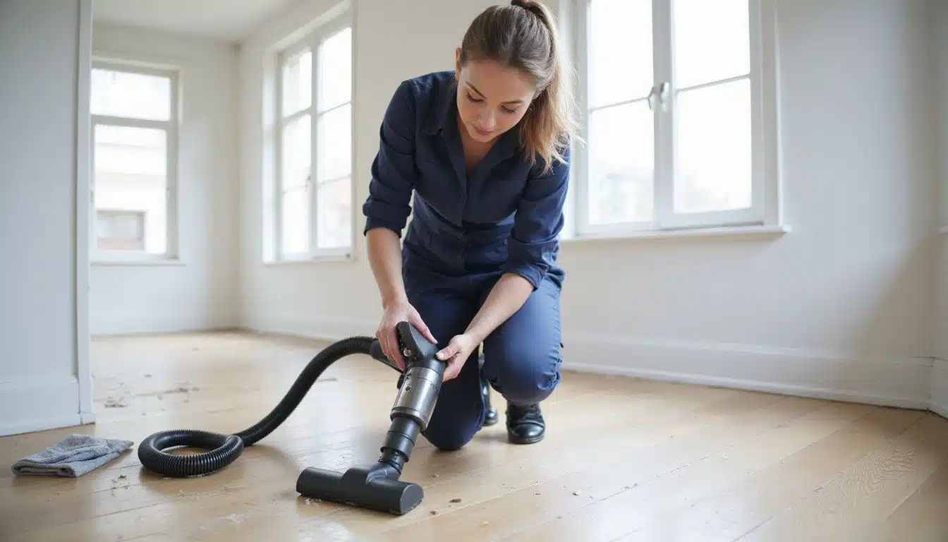 A focused cleaner meticulously vacuums a freshly renovated room. A focused cleaner meticulously vacuums a freshly renovated room.