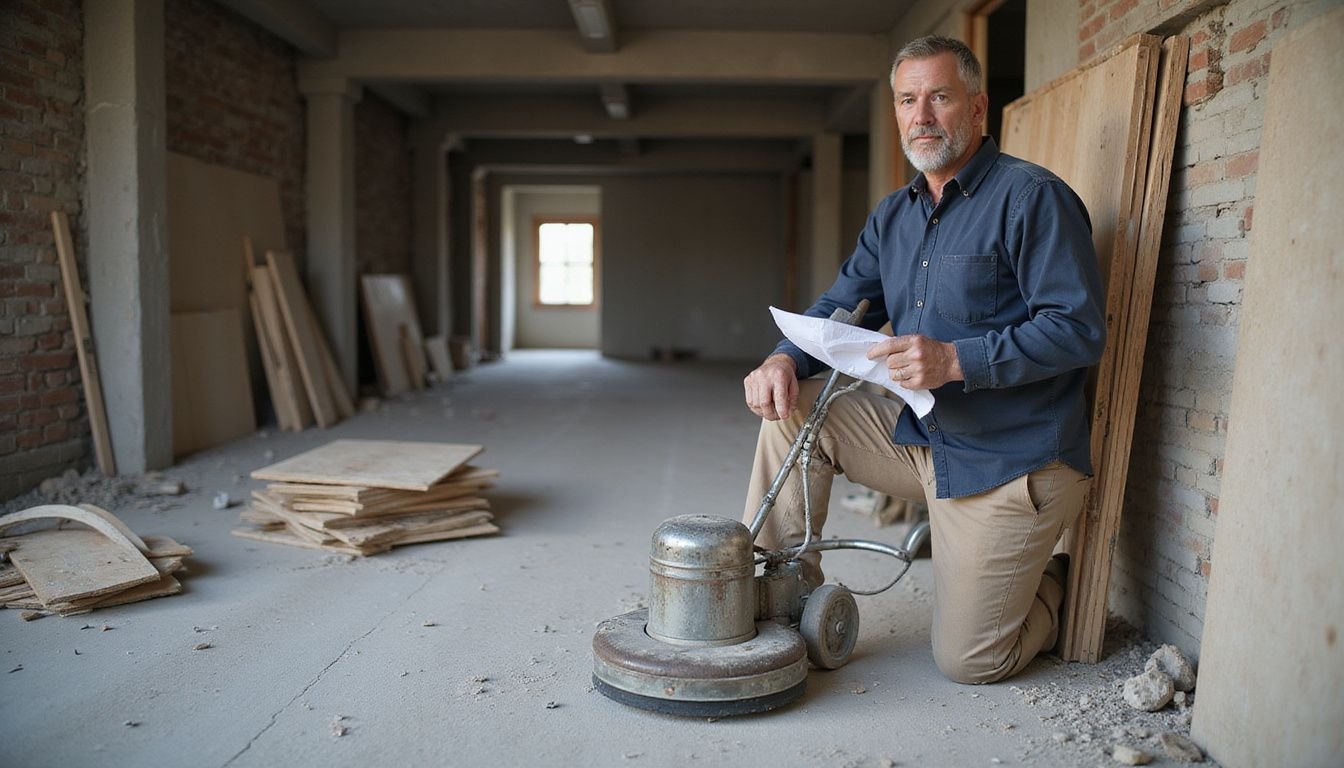 A construction worker examines a cluttered and unfinished construction site.