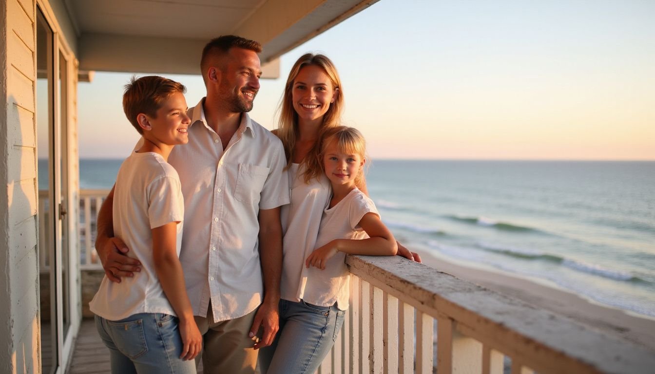 A family of four enjoys a peaceful evening on a beach balcony.