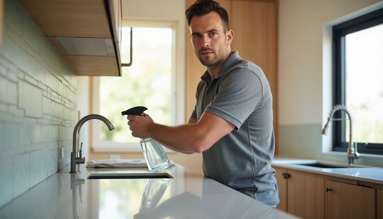 A focused cleaning technician meticulously cleans a modern kitchen countertop.