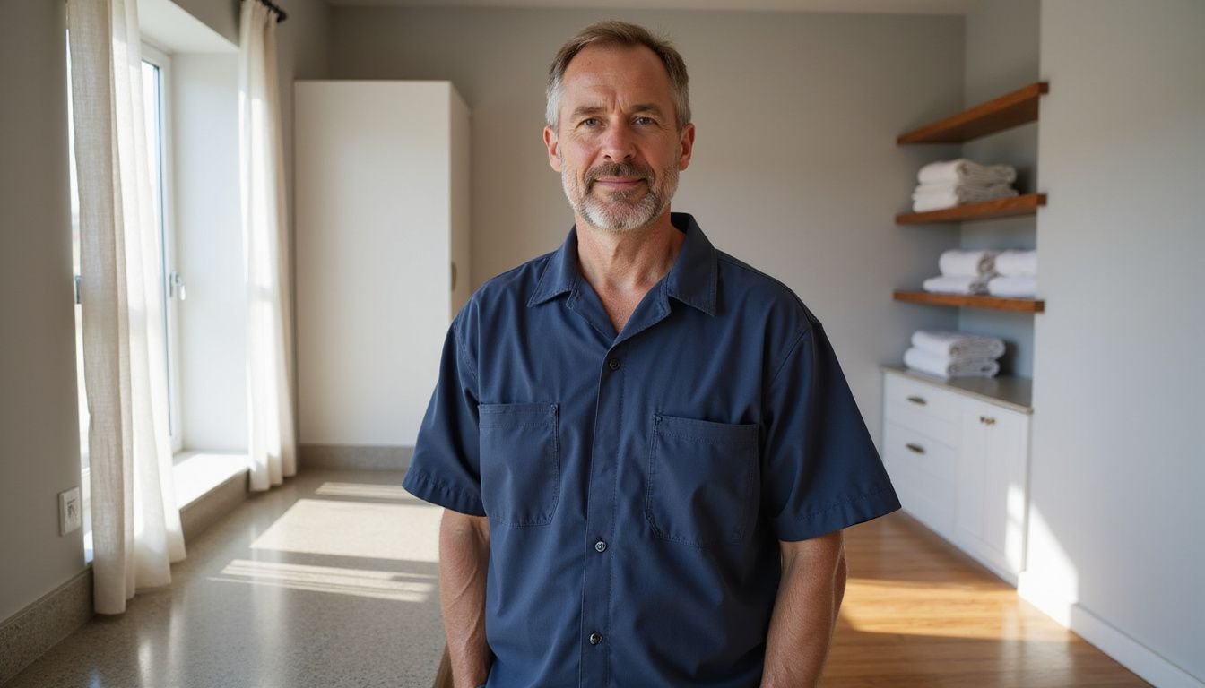 A focused man in a cleaning uniform stands in a pristine vacation rental.