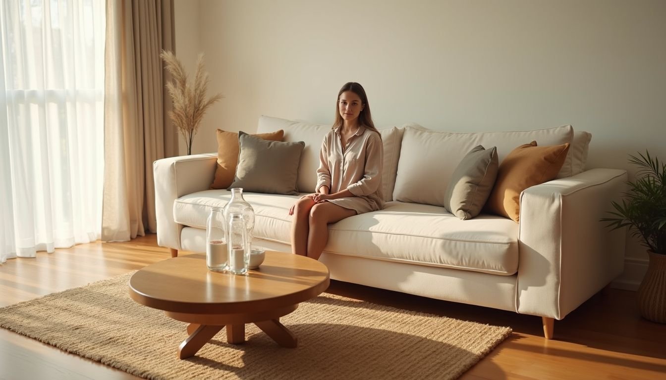 A serene living room featuring minimalist decor and a relaxed individual.