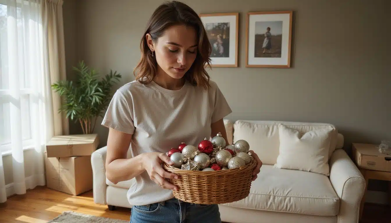 A woman sorts holiday ornaments in a cozy living room. A woman sorts holiday ornaments in a cozy living room.