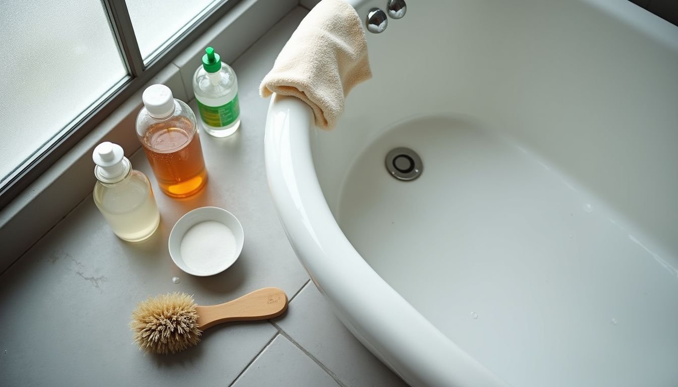 A pristine bathtub surrounded by various cleaning supplies on tiled floor.