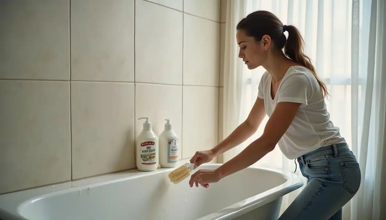 A woman diligently cleans a bathtub with a brush and baking soda.