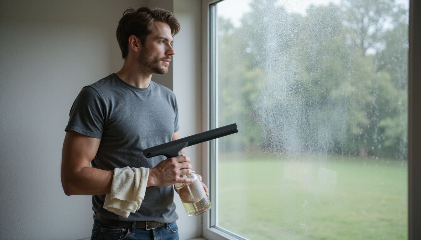 A focused man prepares to clean a grimy window indoors.