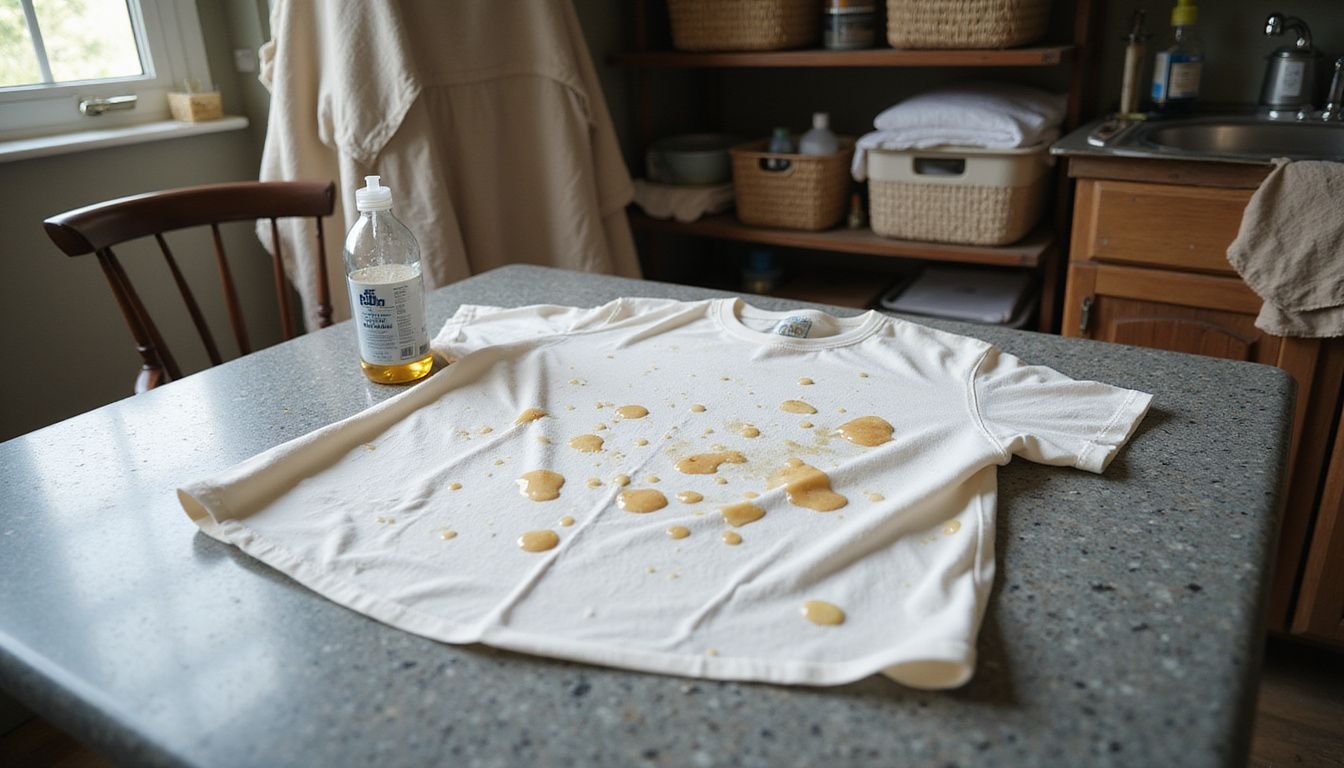 A worn t-shirt and dish soap on a textured granite countertop.