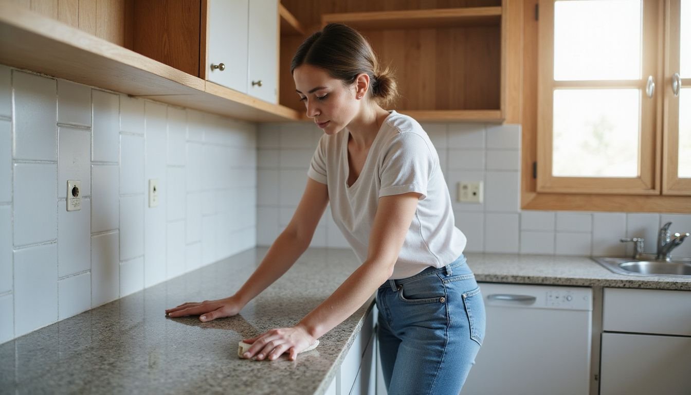A woman diligently cleans a granite countertop in an empty apartment.