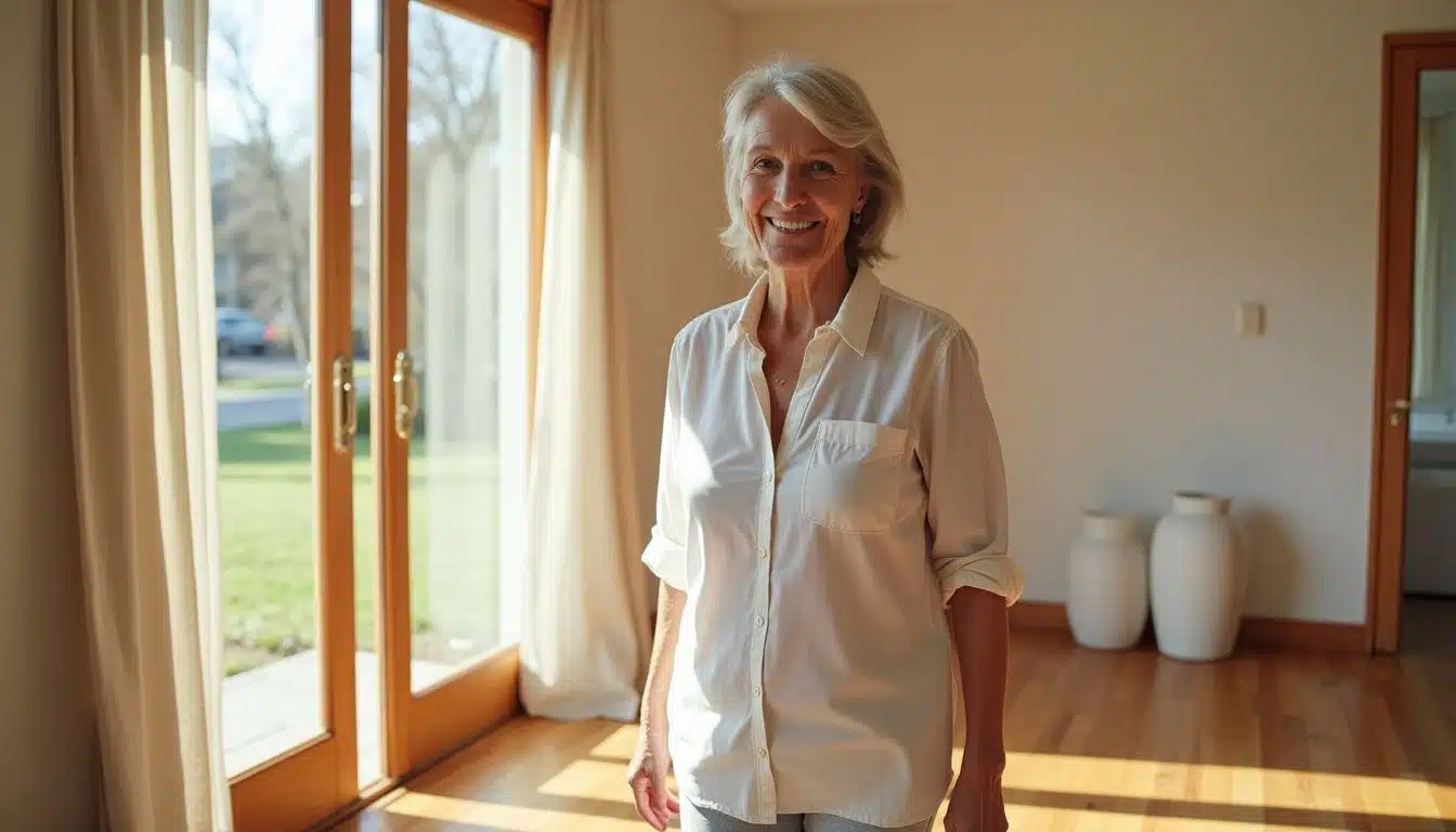 A middle-aged woman strolls happily through her minimalist, tidy home.