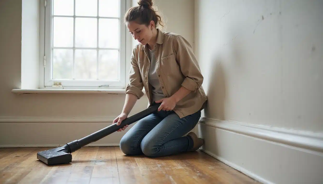 A woman kneels, vacuuming baseboards in a sparse apartment.
