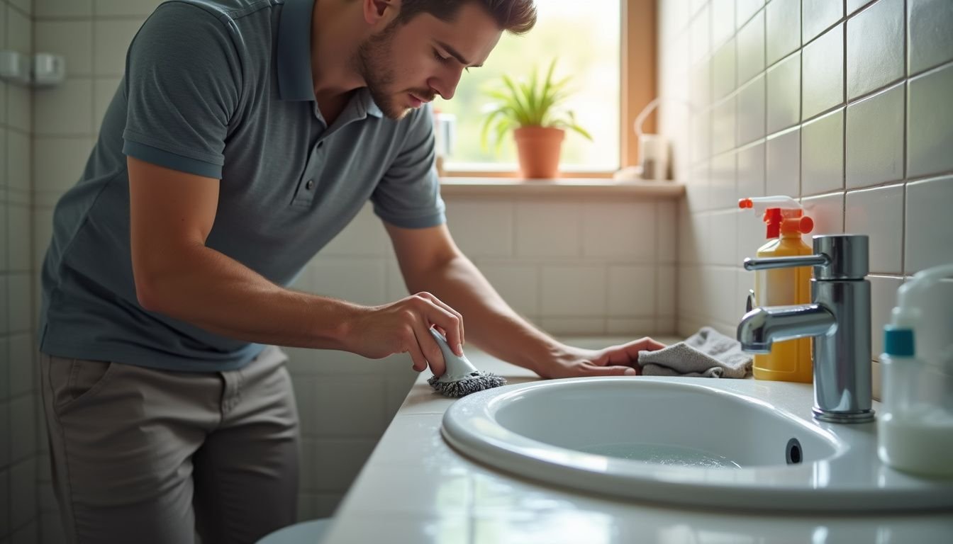 A professional cleaner sanitizes a compact bathroom with meticulous care.