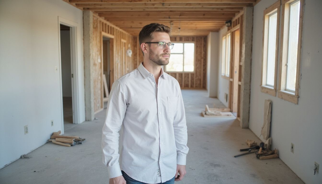 A worker surveys a pristine, ready construction site with tools nearby.