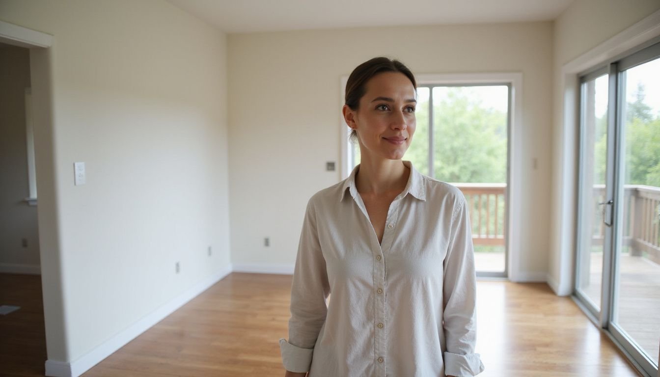 A woman stands relaxed in a freshly renovated, serene room.