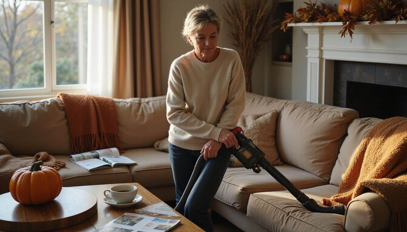 A middle-aged woman vacuuming in a cozy, cluttered living room.
