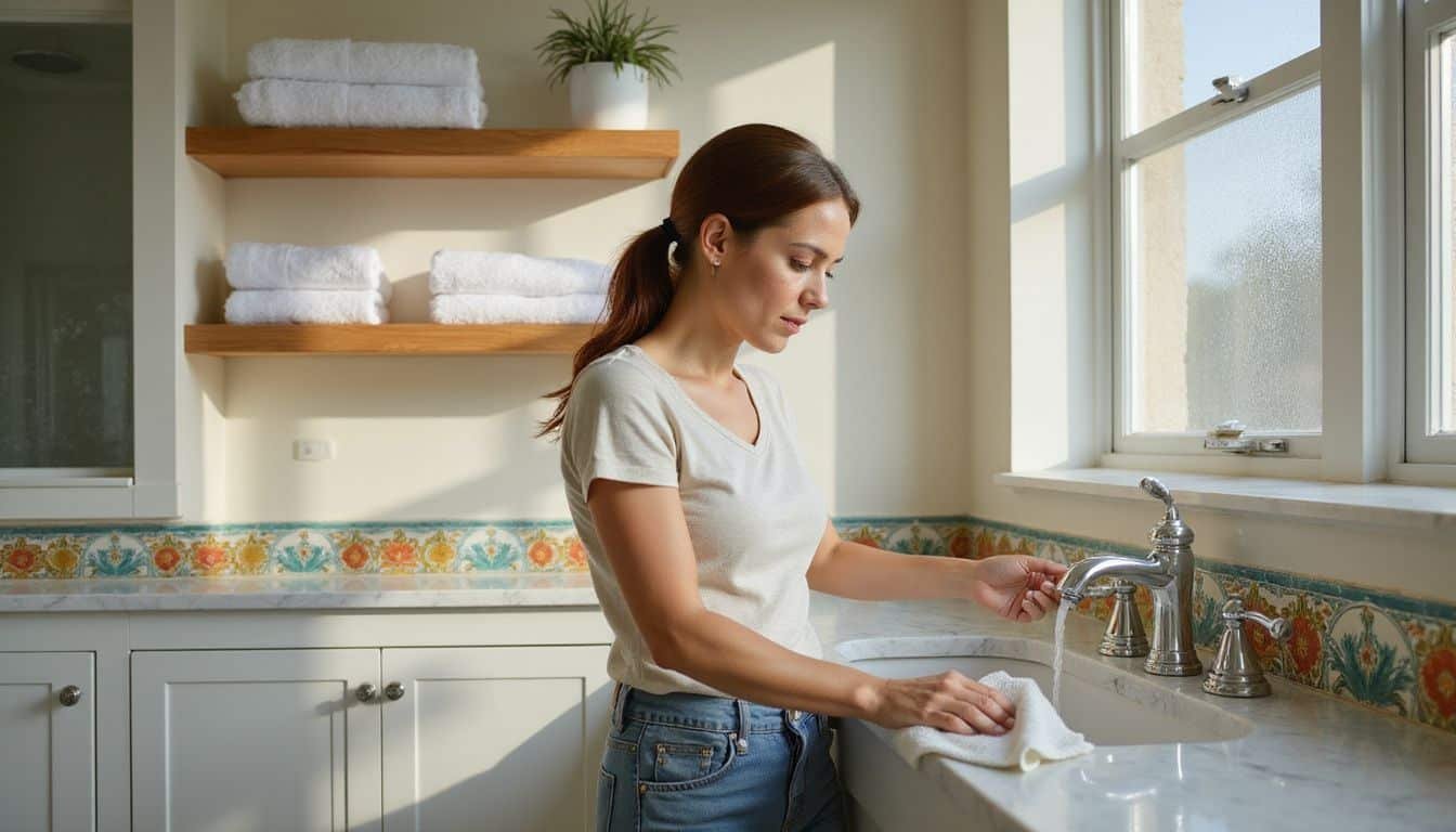 A woman meticulously cleans a bathroom in a vacation home.