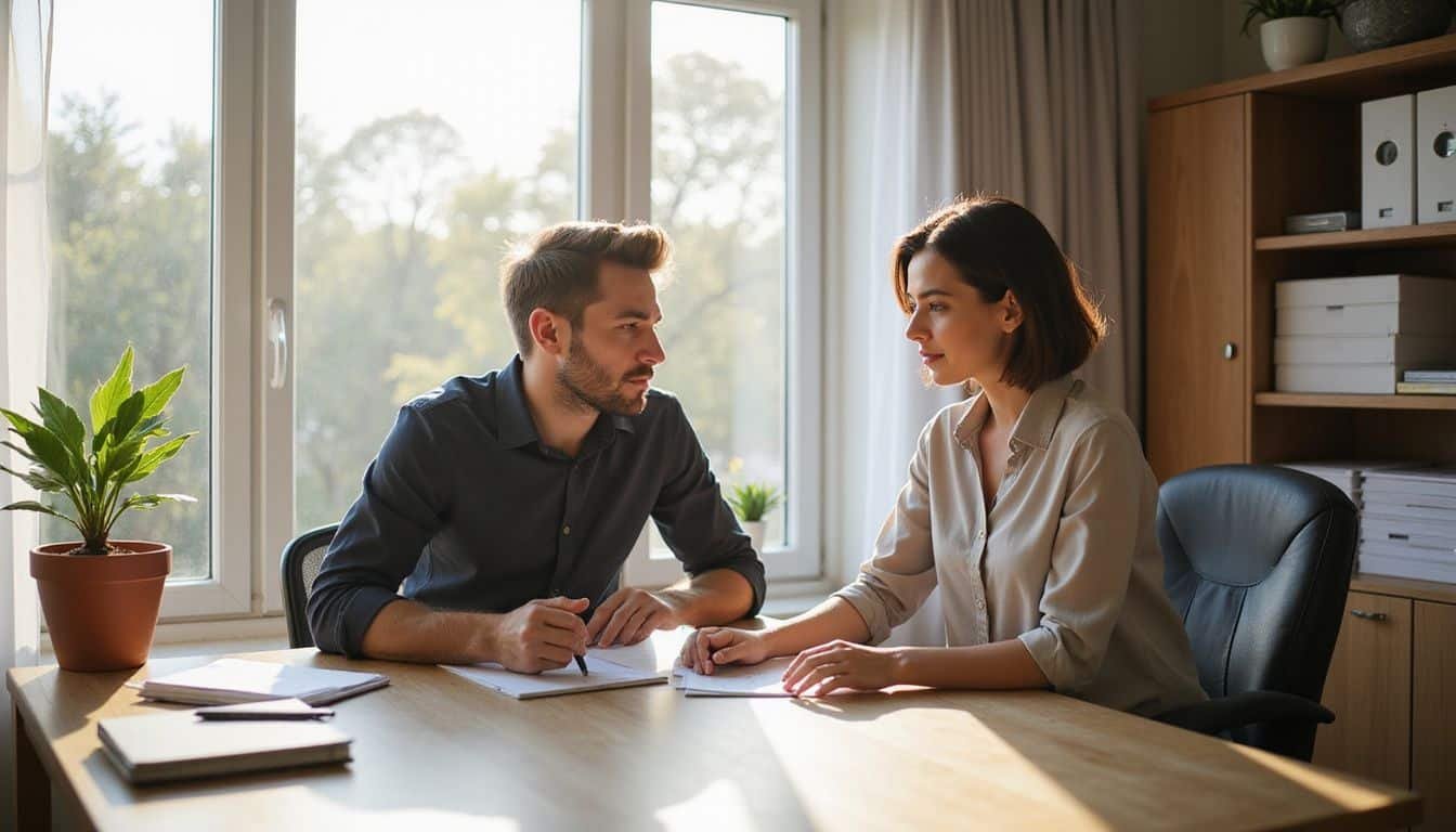 A man and woman collaborate in a well-organized office space. A man and woman collaborate in a well-organized office space.