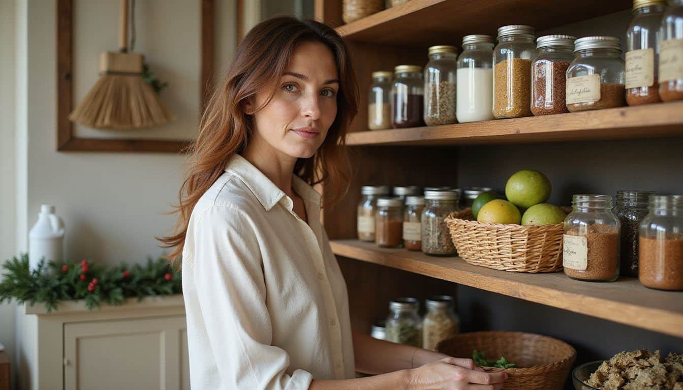 A woman organizes a beautifully stocked kitchen pantry. A woman organizes a beautifully stocked kitchen pantry.