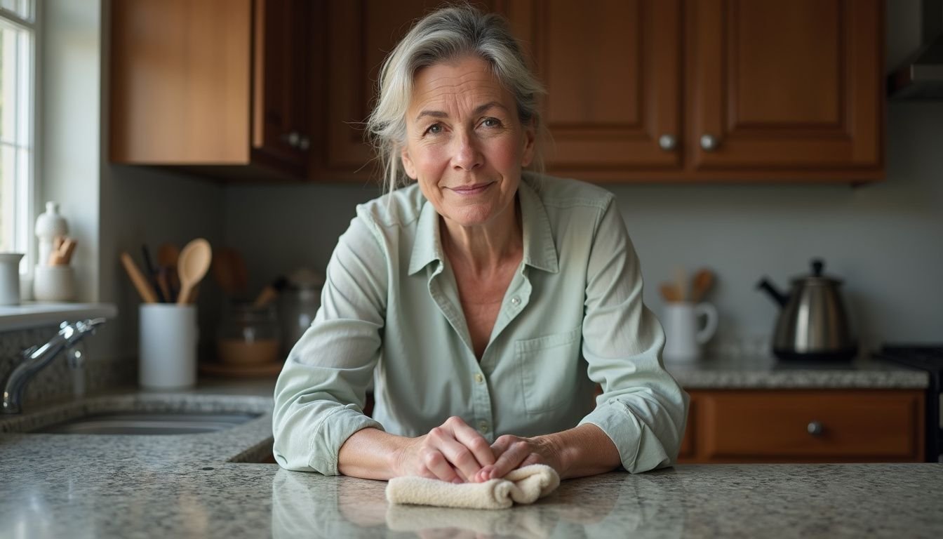 A middle-aged woman diligently cleans a kitchen countertop with determination.