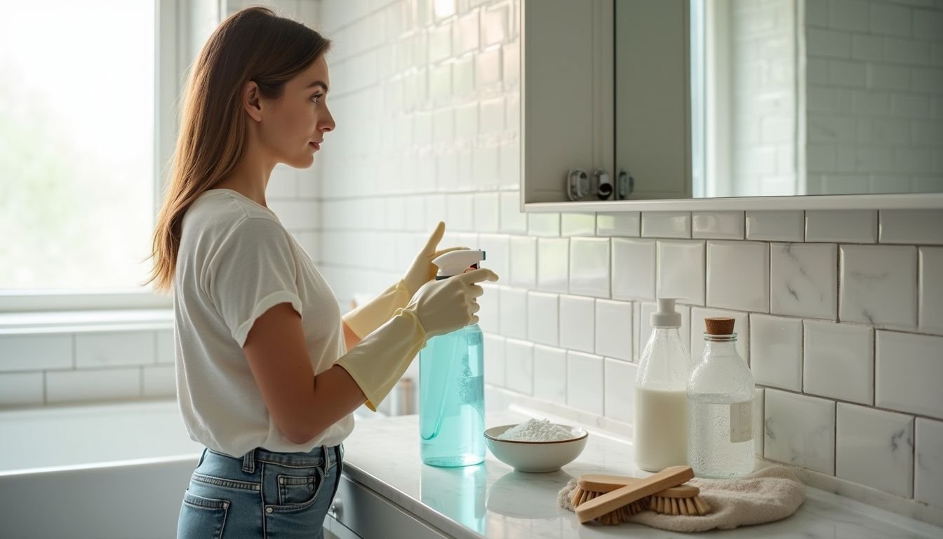 A woman cleans a modern bathroom with focused diligence.