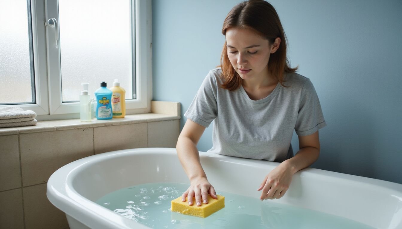 A woman cleans a bathtub with a sponge and cleaning solution.