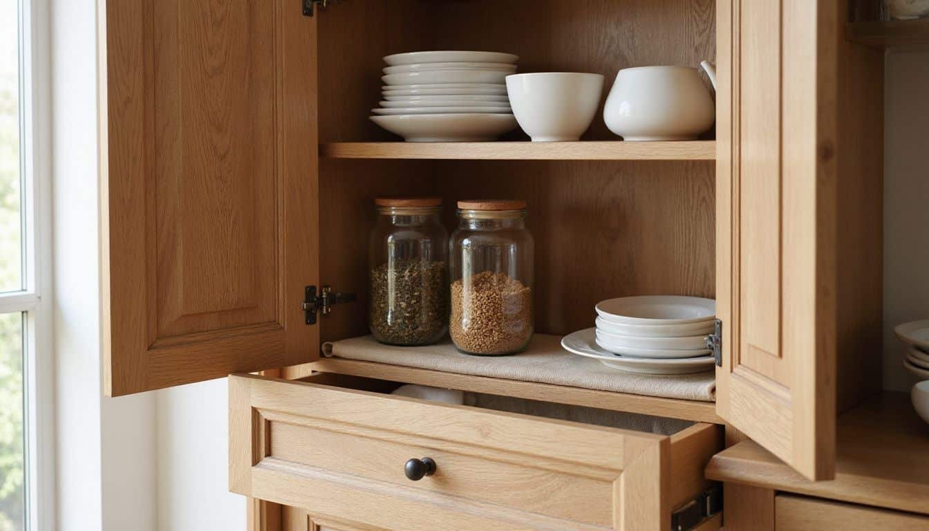 A polished oak kitchen cabinet displays neatly arranged dishes and jars.
