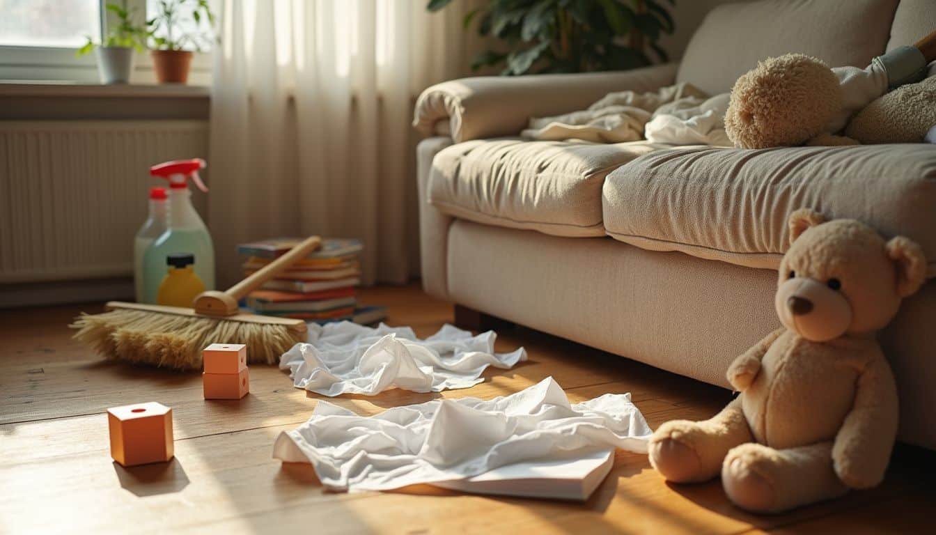 A cozy, lived-in living room filled with children's toys and clutter.