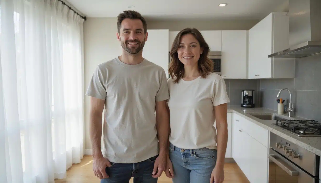 A couple stands comfortably together in a clean, modern kitchen.