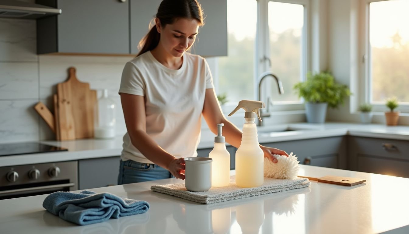 A person methodically arranges cleaning supplies in a modern kitchen. A person methodically arranges cleaning supplies in a modern kitchen.