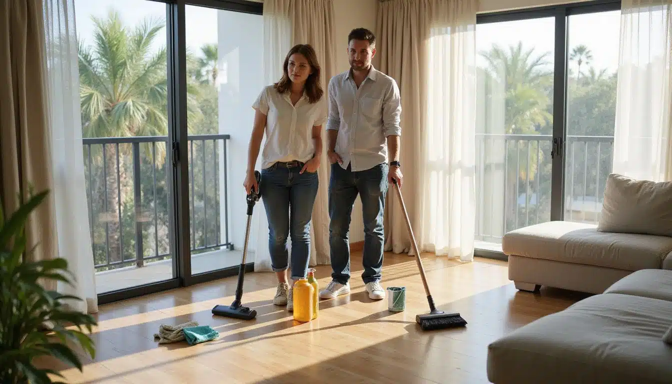 A couple supervises a meticulous move-out cleaning in their apartment. A couple supervises a meticulous move-out cleaning in their apartment.