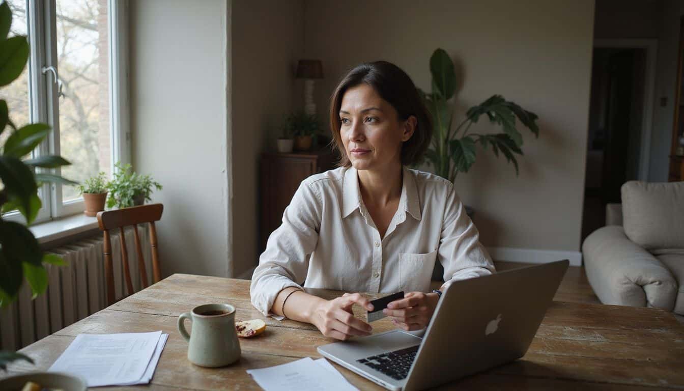 A woman sits at a kitchen table, focused on her laptop.