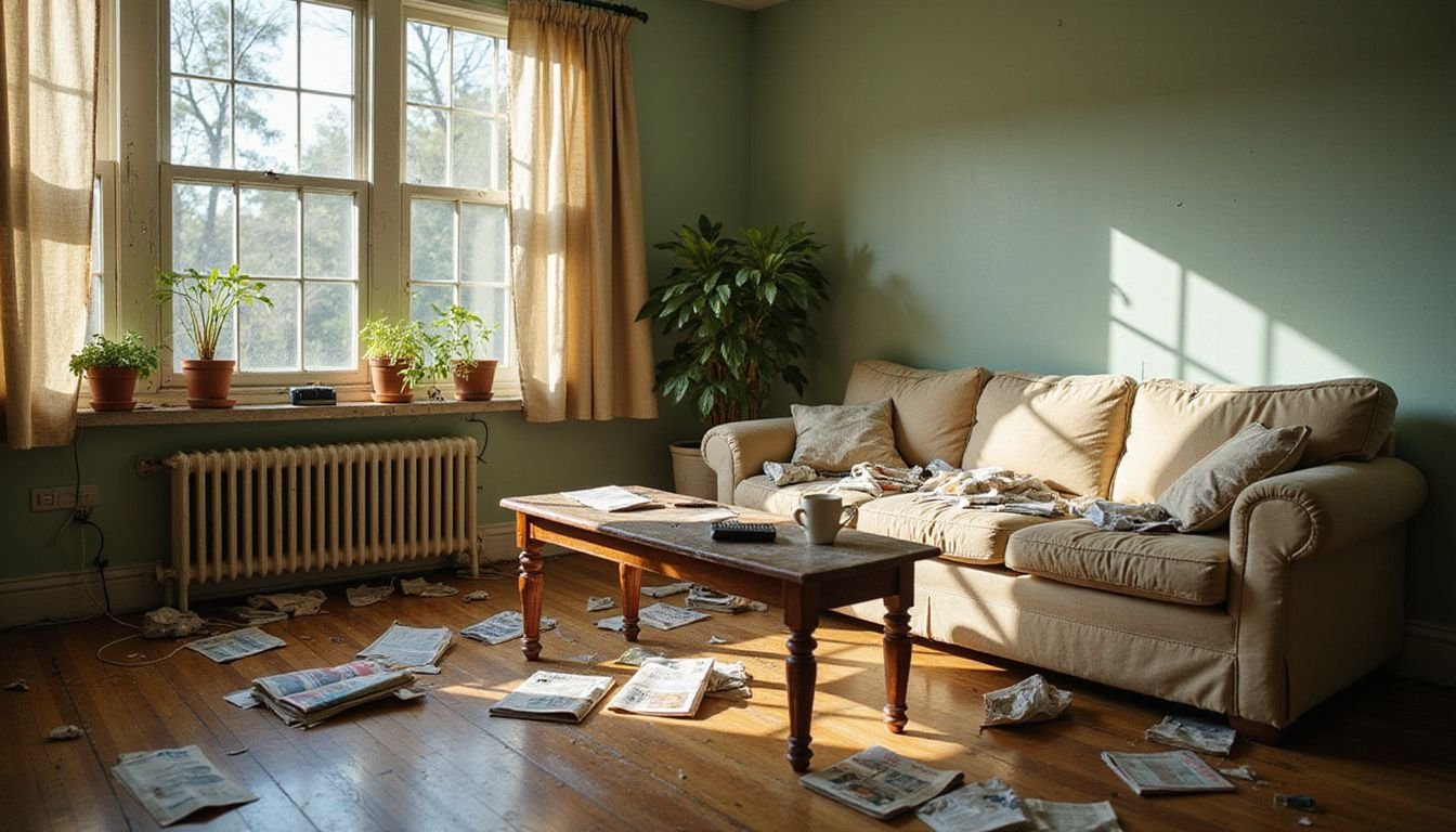 Cluttered living room in need of a thorough deep clean.