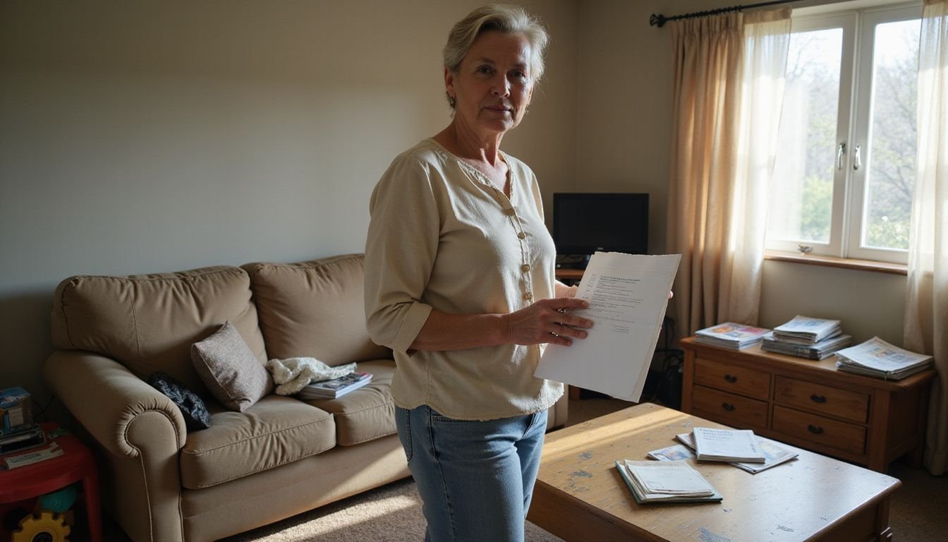 A woman checks a list in her cluttered living room.