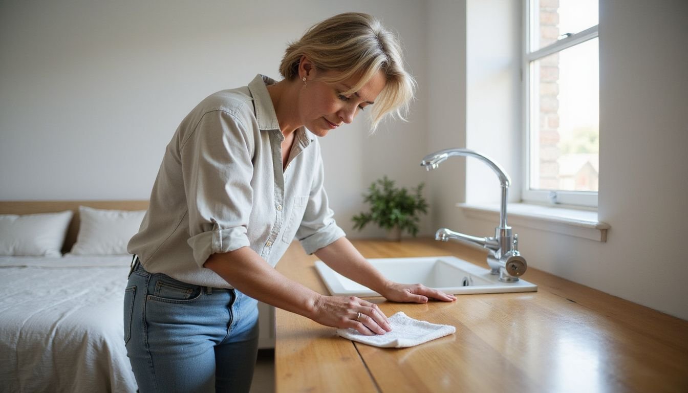 A dedicated woman cleans an Airbnb property with meticulous attention.