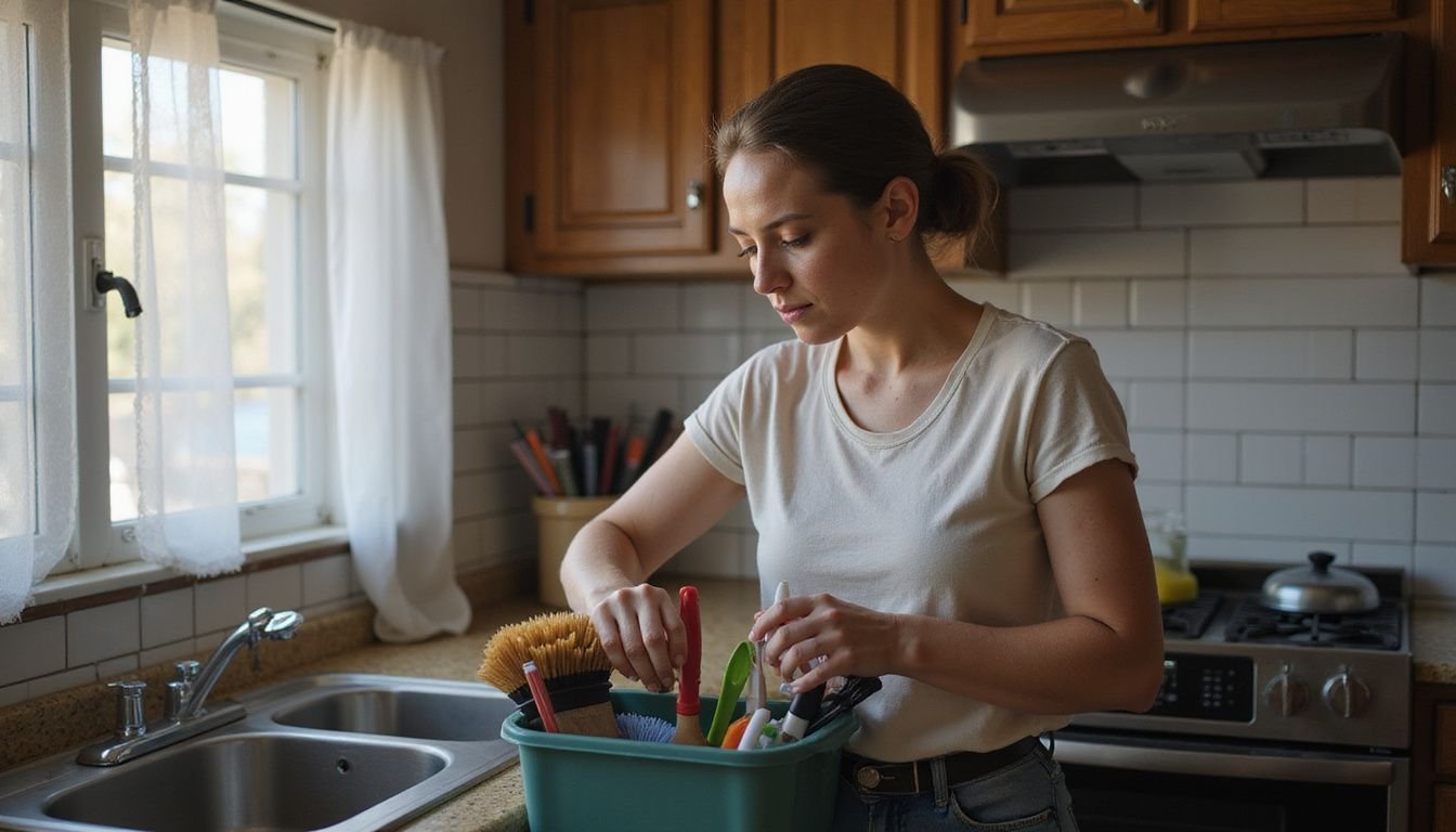 A woman organizes cleaning tools with focused determination in her kitchen.