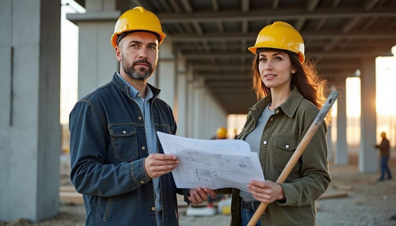 A construction manager and cleaning supervisor collaborate at a building site.