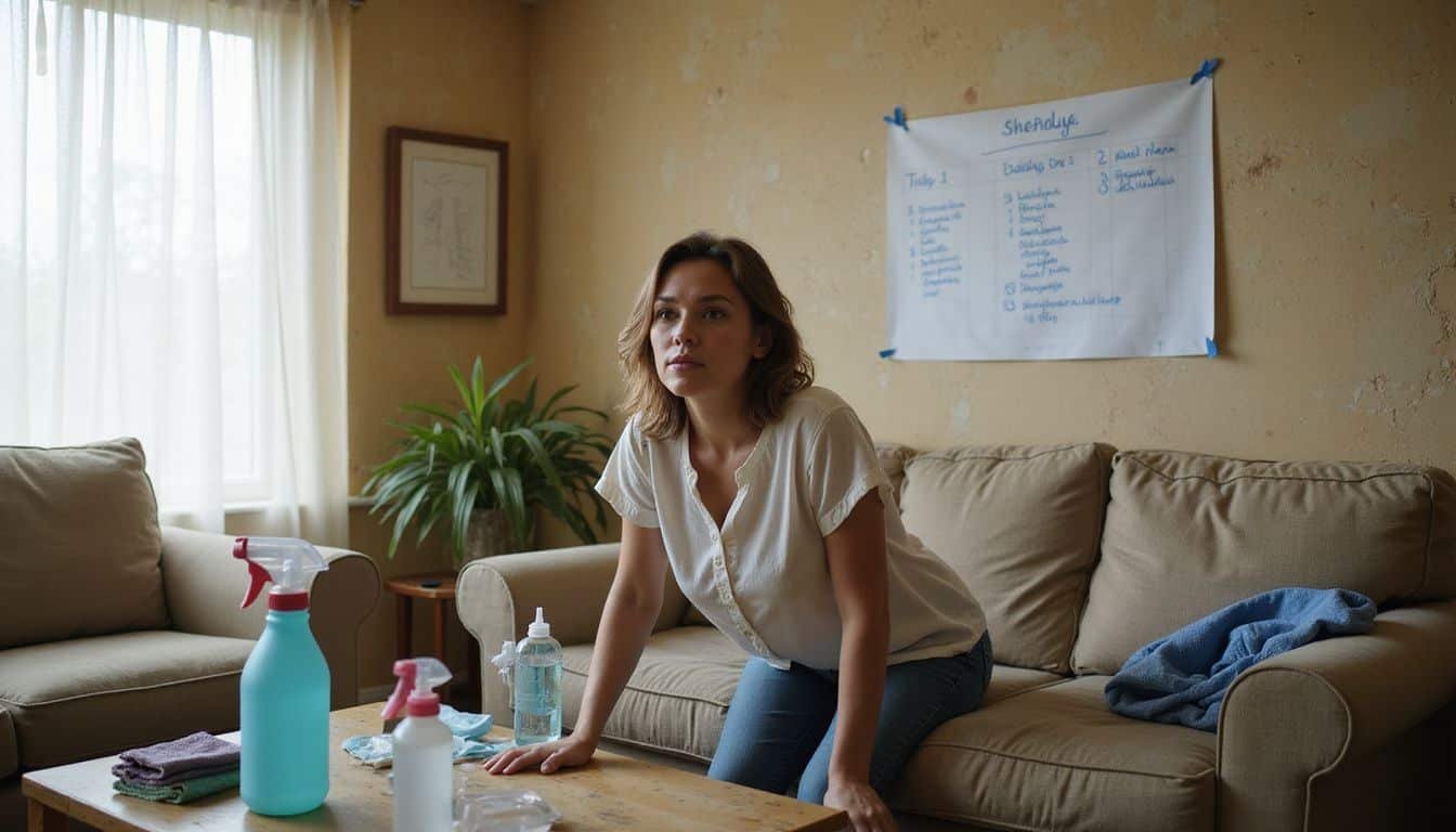 A woman cleans a cluttered vacation rental living room.