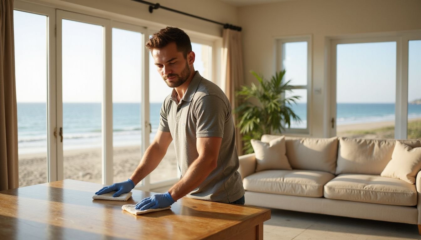 A cleaning service worker tidies a beachfront vacation rental's countertop.