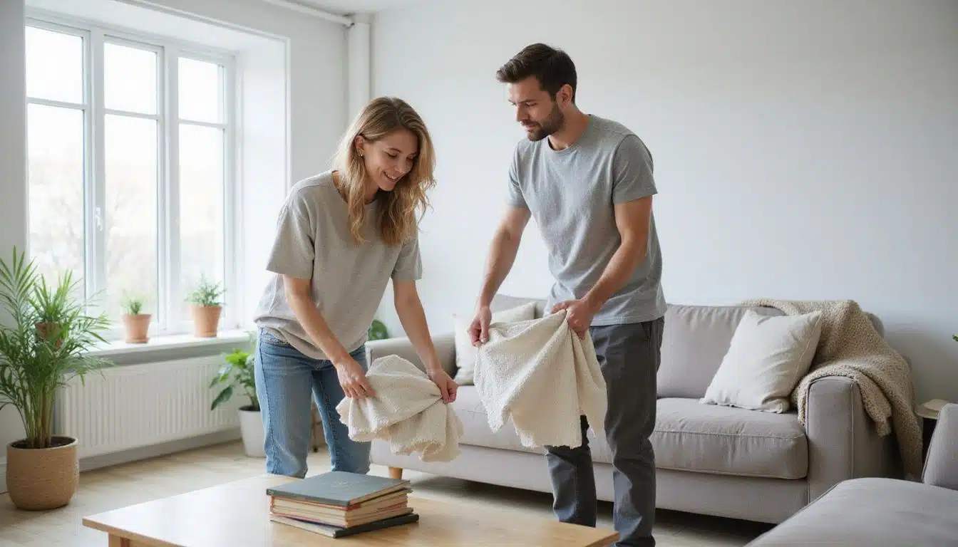 A couple cleans their living room together, preparing for the New Year. A couple cleans their living room together, preparing for the New Year.