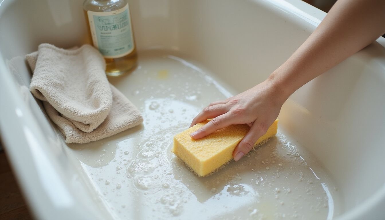 A close-up of a white bathtub being cleaned with a sponge.