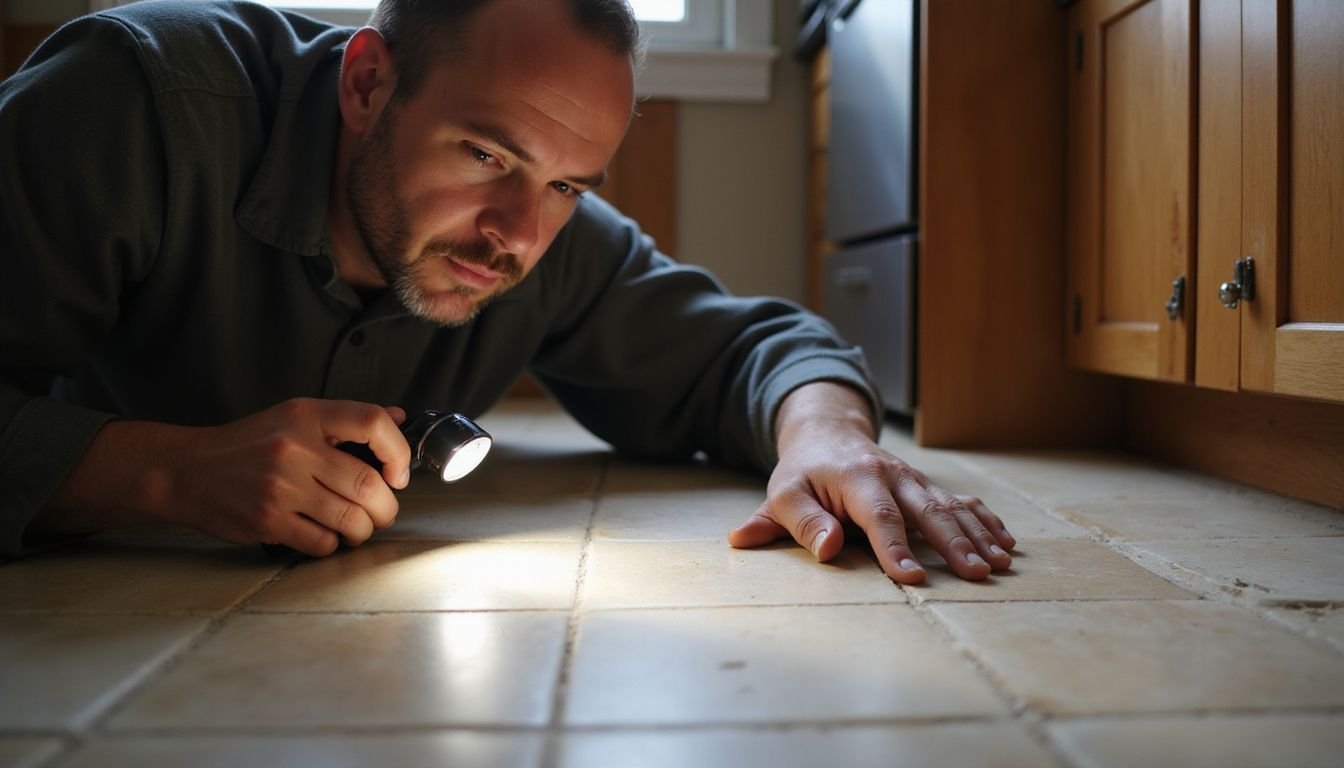 A homeowner inspects a ceramic kitchen floor with a flashlight.