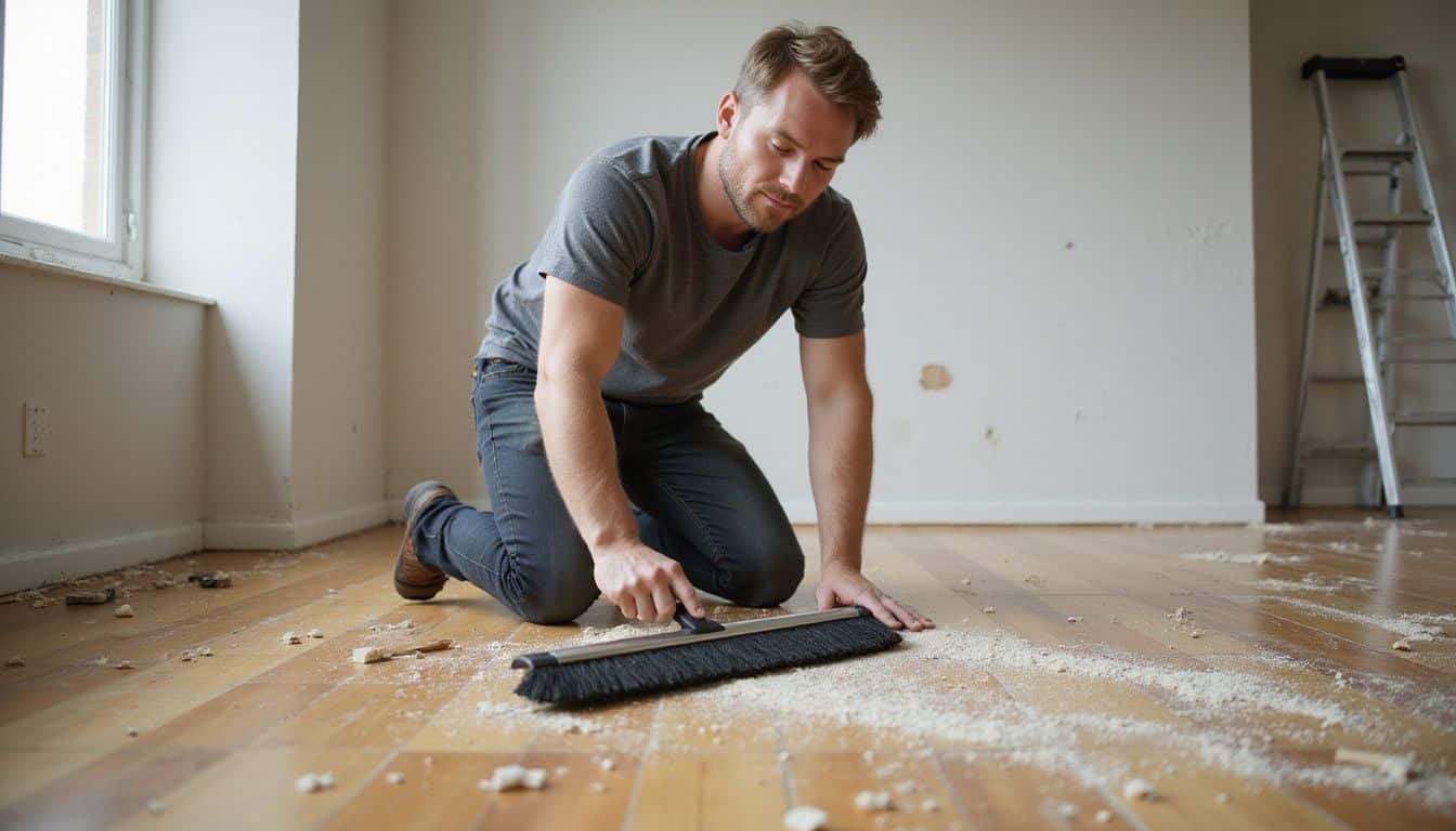 A man kneels on a hardwood floor, meticulously cleaning dust and debris.
