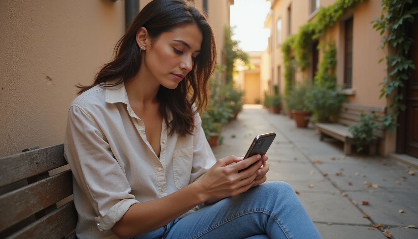 A woman checks her smartphone while seated on a weathered bench.