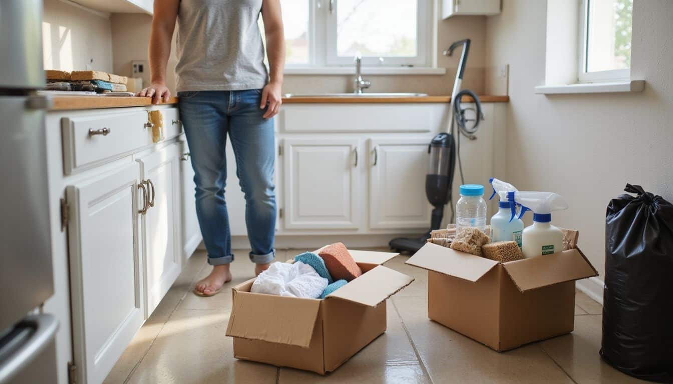 A person stands in a new kitchen, surrounded by unpacked cleaning supplies. A person stands in a new kitchen, surrounded by unpacked cleaning supplies.