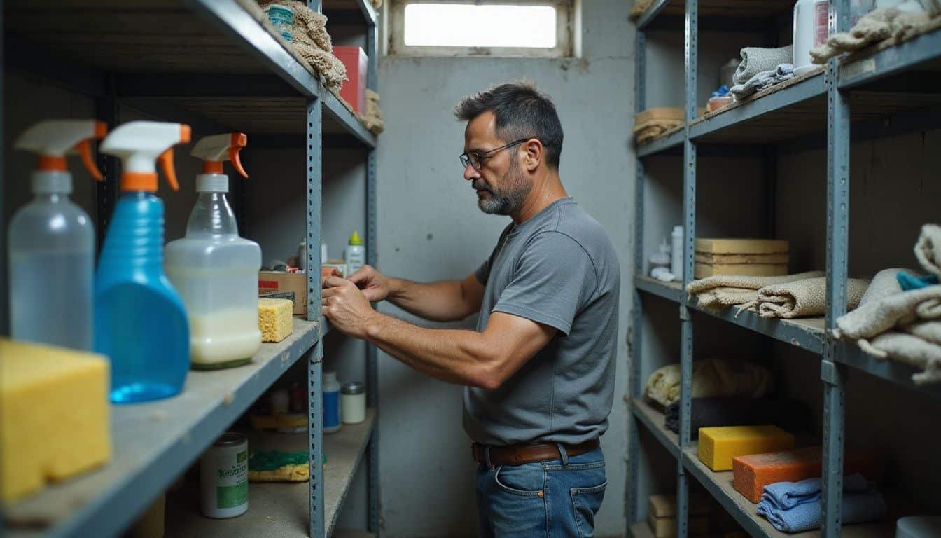 A middle-aged man organizes cleaning supplies in a cramped storage room.