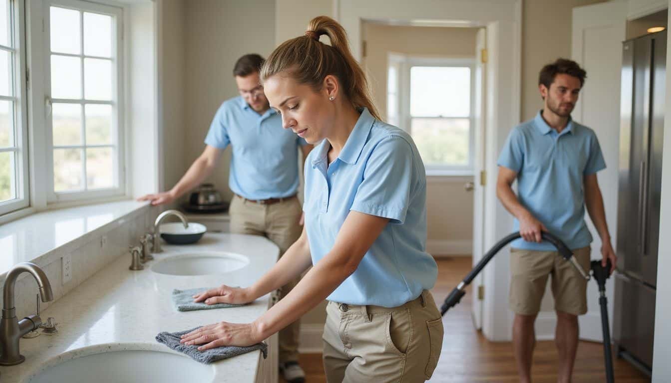 A professional cleaning team services a vacation rental near Treasure Island.